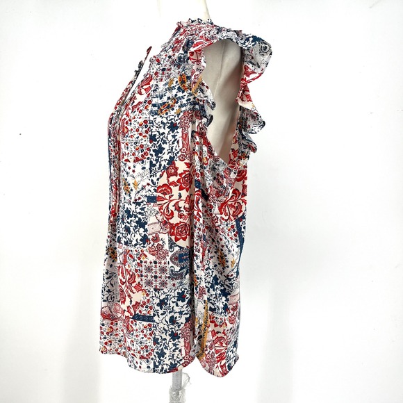 daniel rainn Womens Sleeveless Blouse XL Red Blue Floral Ruffle Sleeve V Neck - Picture 2 of 7